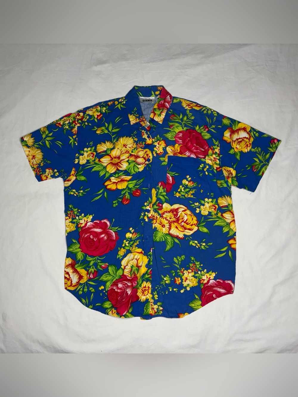 Gitano Floral Hawaiian Shirt Men's Large Vintage 90s Surf Blue
